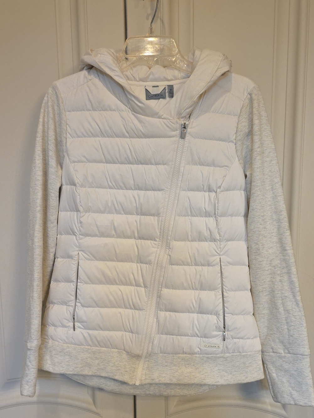 Athleta White Quilted Hooded Puffer with Heathered Knit Sleeves